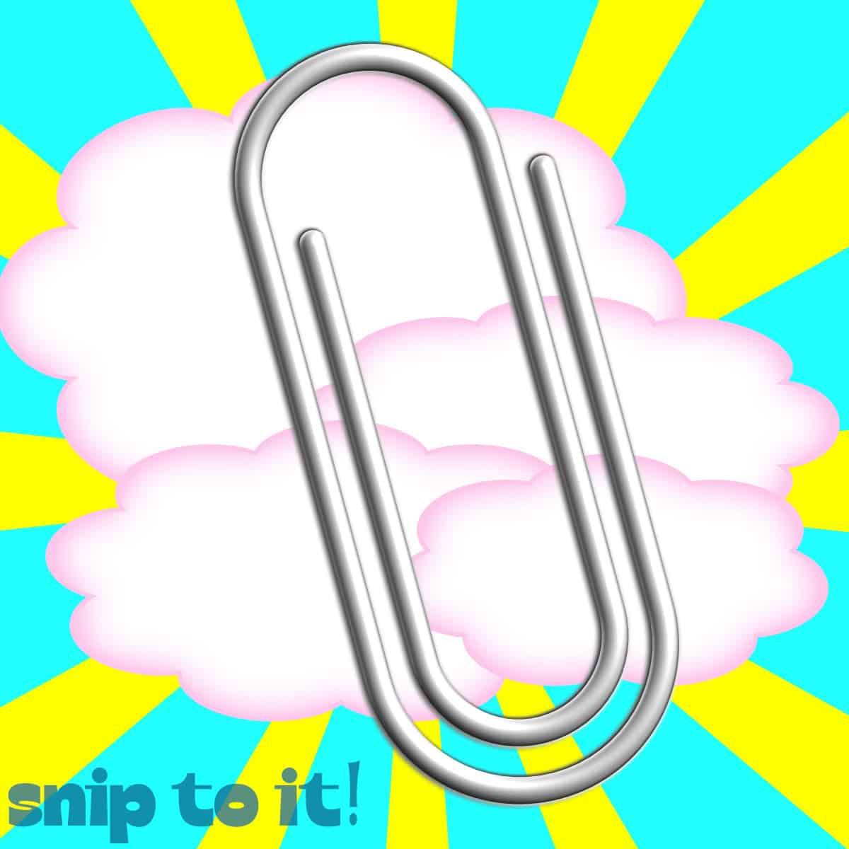 large cartoon paperclip resting on top of pink clouds and a yellow sunburst