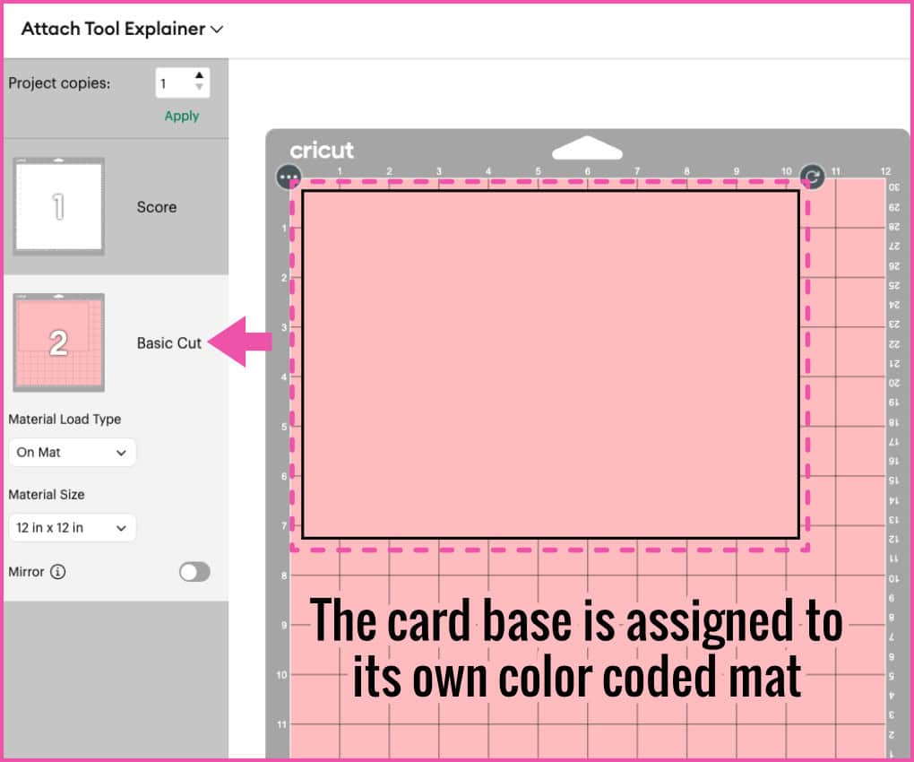 Design Space screenshot showing the pink rectangle assigned to its own color coded mat