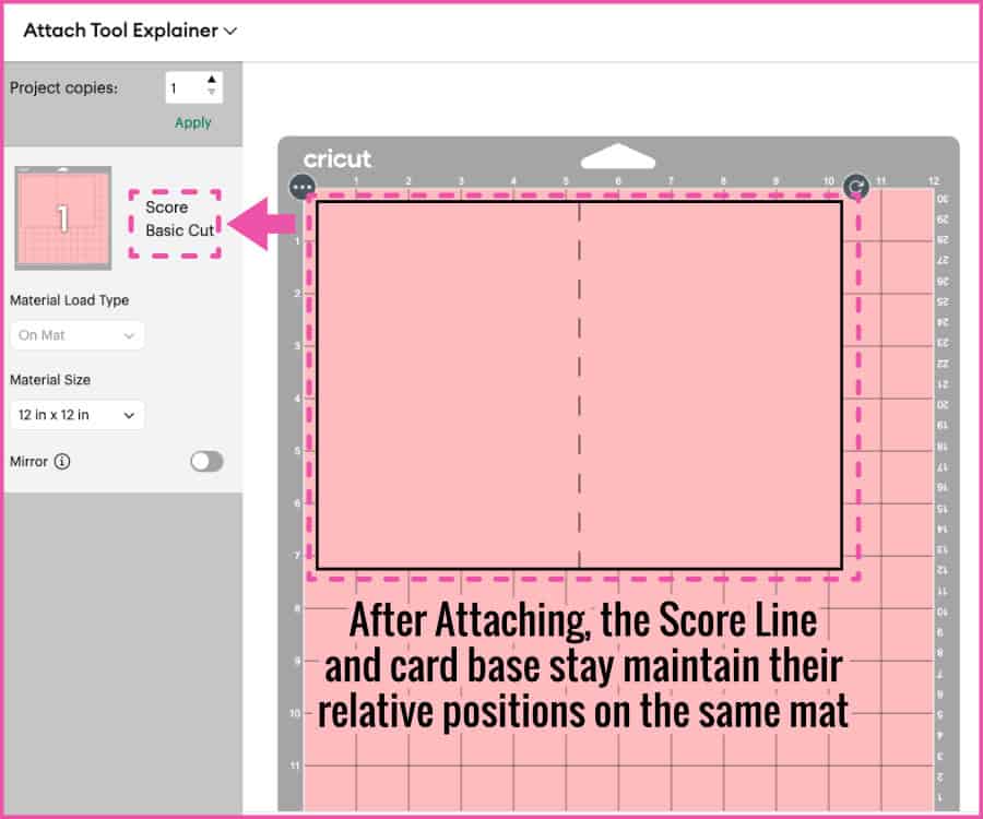 screenshot of the Design Space Prepare screen showing the attached score line and rectangular cut shape on the same mat in their intended positions