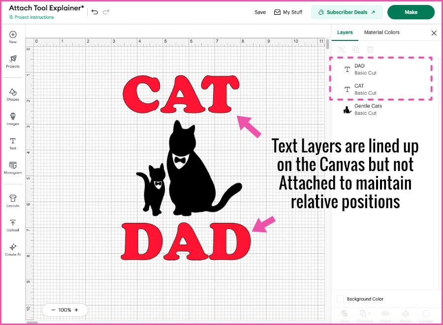 Design Space screenshot showing a simple shirt design featuring the text reading "Cat Dad" above and below a graphic of 2 black cat silhouettes. The caption notes the text layers are lined up with each other and the image, but not attached, so their relative positions will not be maintained when moving to the Prepare screen