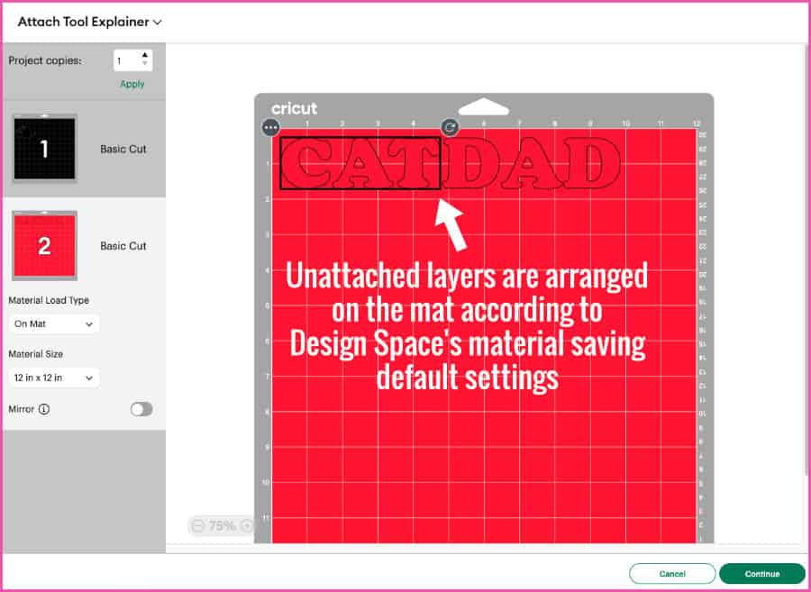 screenshot of the Design Space prepare screen showing the text block arranged on the mat according to Design Space's default material saving programming, ignoring the user's intended arrangement
