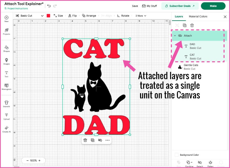 design Space Canvas screenshot, showing two blocks of text attached as a single unit to lock their relative positions