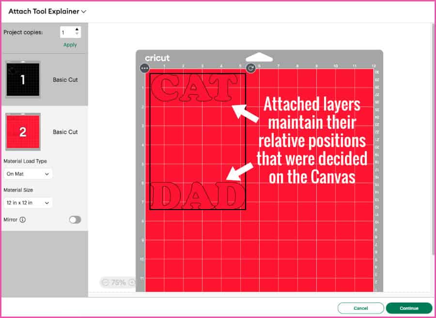 Design Space Prepare screen showing attached text layers maintaining their locked relative positions, overriding Design Space's material saving default