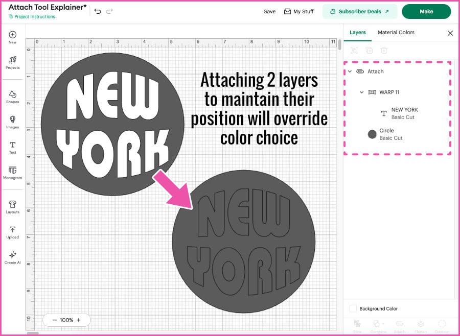Screenshot showing 2 different color layers attached to lock position, but color selection is discarded because both layers must be cut on the same mat