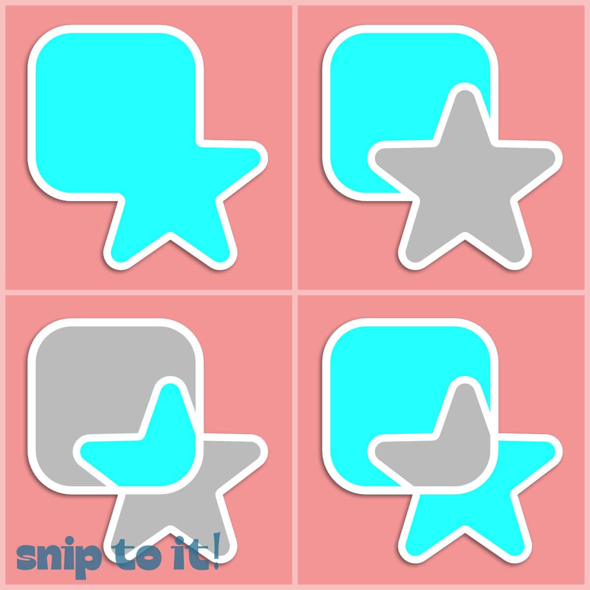 series of simple pictograms demonstrating the boolean operations Unite, Subtract, Intersect and Exclude (Xor) with overlapping square and star shapes in turquoise on a pink background
