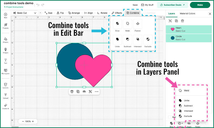 Cricut Design Space screenshot showing the location of Combine tool menus in the Edit Bar at the top of the Canvas, and at the righthand side in the Layers Panel