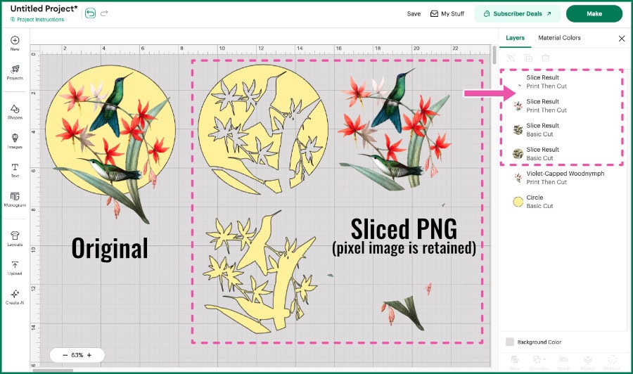 design space screenshot showing what happens when an uploaded PNG image is cut with a shape using Slice. The original shapes are a yellow circle and the PNG is a couple of hummingbirds sitting on a plant. Once Sliced, 4 new layers are created: 1) the part of the image that overlapped the circle, 2) the parts of the image that were outside the circle shape, 3) the circle with the overlapping outline of the PNG removed, 4) the part of the circle that was cut out, ie a silhouette of the hummingbird image. 