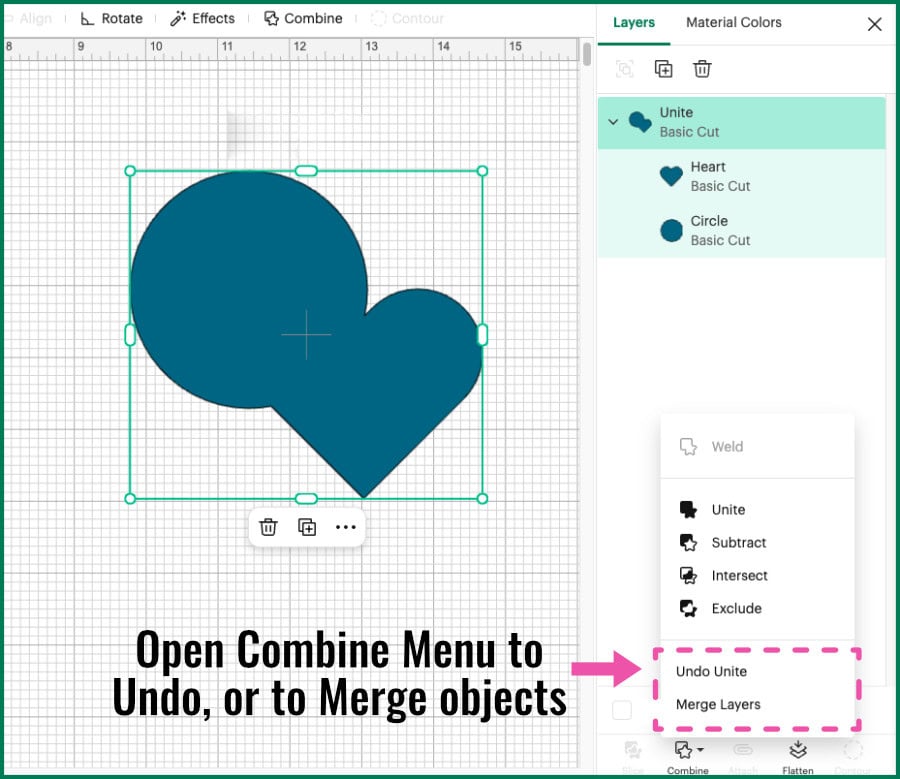 design space screenshot showing how to open the Combine menu to undo Unite, or merge layers, after using Unite to create a compound shape