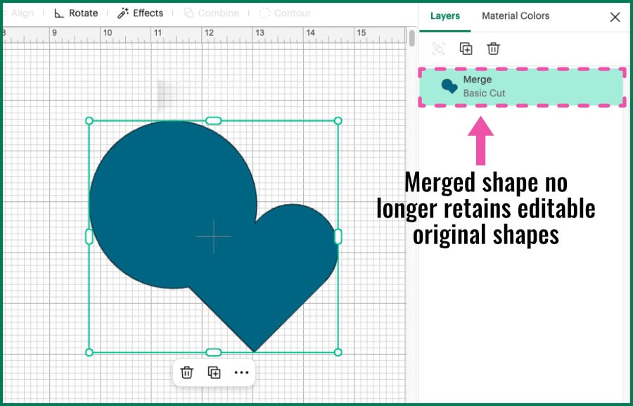 design space screenshot showing the result after merging layers of a united heart/circle shape. The merged shape no longer retains editable original shapes, and instead is listed as "Merge" in the layers panel