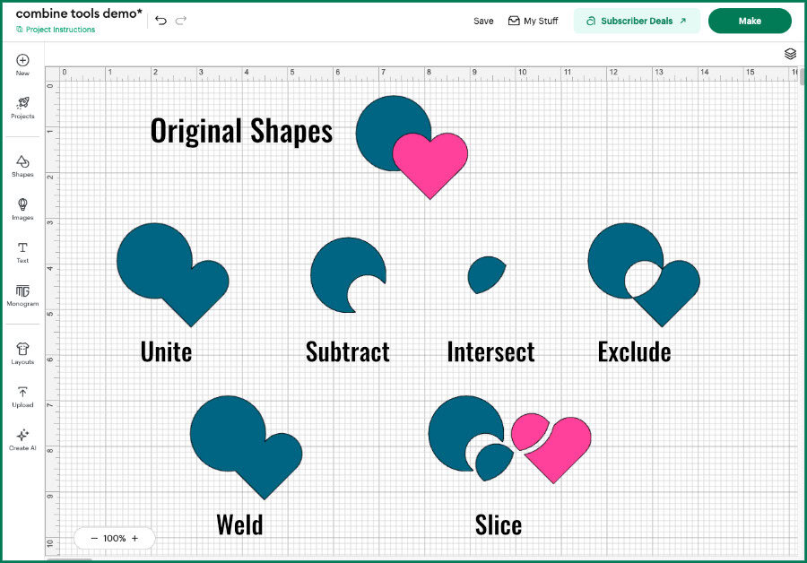 screenshot of Design Space Canvas showing the effects of applying the Combine menu of tools to overlapping heart and circle shapes. The original shapes are shown at the top, and then the compound shapes formed by applying Unite, Subtract, Intersect, Exclude, Weld, and Slice are shown