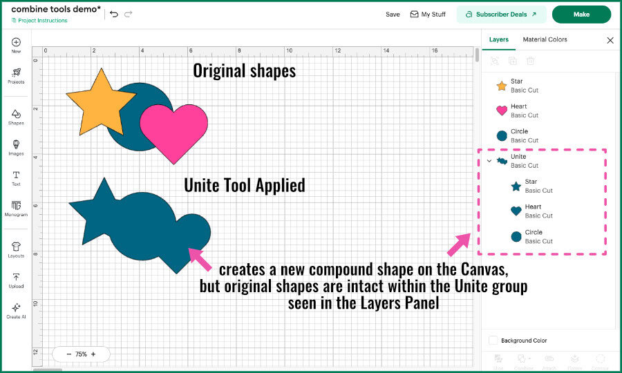Design Space screenshot showing how the Combine tools create a compound shape on the Canvas,  but original objects are present and editable in a group, seen in the layers panel. Application of the Unite tool is given as an example, showing a star, circle, and heart shape on the Canvas being United. Text on the screenshot reads "Unite tool Applied...creates a new compound shape on the canvas, but original shapes are intact within the Unite group seen in the layers panel".