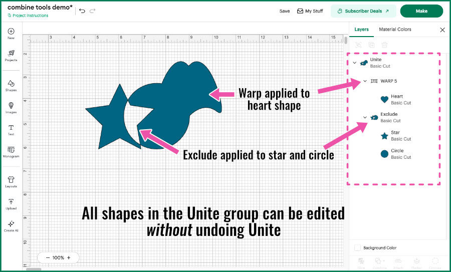 design space screenshot showing the star, circle, and heart compound shape on the Canvas after warp has been applied to the heart shape and exclude was applied to the star and circle shapes. Text reads "all shapes in the Unite group can be edited without undoing unite".
