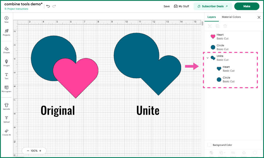 screenshot of design space canvas showing original circle and heart shapes, then the same shapes after applying Unite.