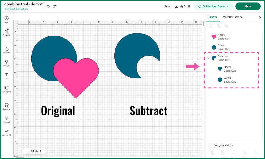 design space screenshot showing heart and circle shapes on canvas, then the same shapes after applying subtract, where the overlapping heart shape in subtracted from the bottom shape (circle)