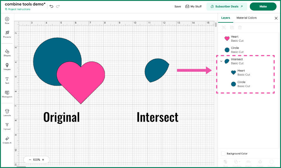 design space screenshot showing overlapping heart and circle shapes on the canvas, then showing the result of using the Intersect tool, where only the small overlapping portion is retained.