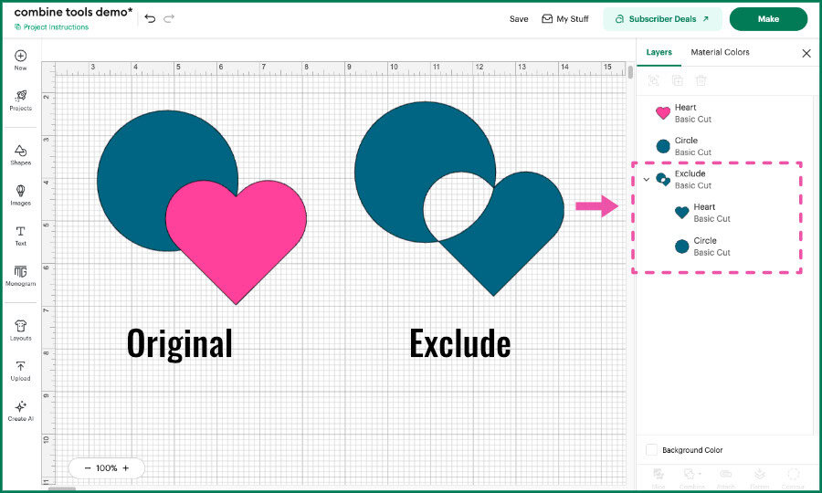design space screenshot showing heart and circle shapes overlapping on the canvas, then showing the result of applying the exclude tool to them. Exclude results in the heart and circle shapes being filled, except the region where they overlap, where it is transparent
