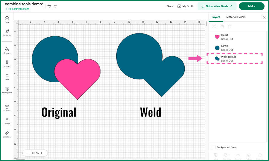 design space screenshot showing original heart and circle shapes, overlapping, then showing the new combined shape after applying Weld.