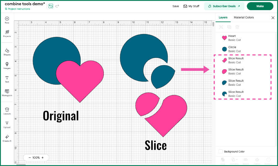 design space screenshot showing heart and circle shapes overapping on canvas, then showing what happens when Slice is applied. Slice cuts the 2 shapes where they intersect, creating 4 new shapes which are all retained